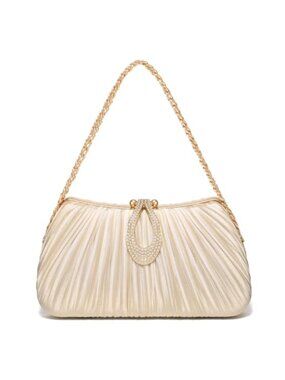 Pleated Satin Evening Clutch Formal Dress Handbag Gold-Tone Rhinestone